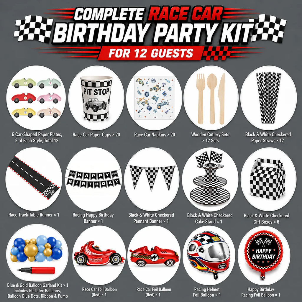 Race car birthday party decorations set for 12 guests with tableware, checkered gift boxes, balloon garland and banners.