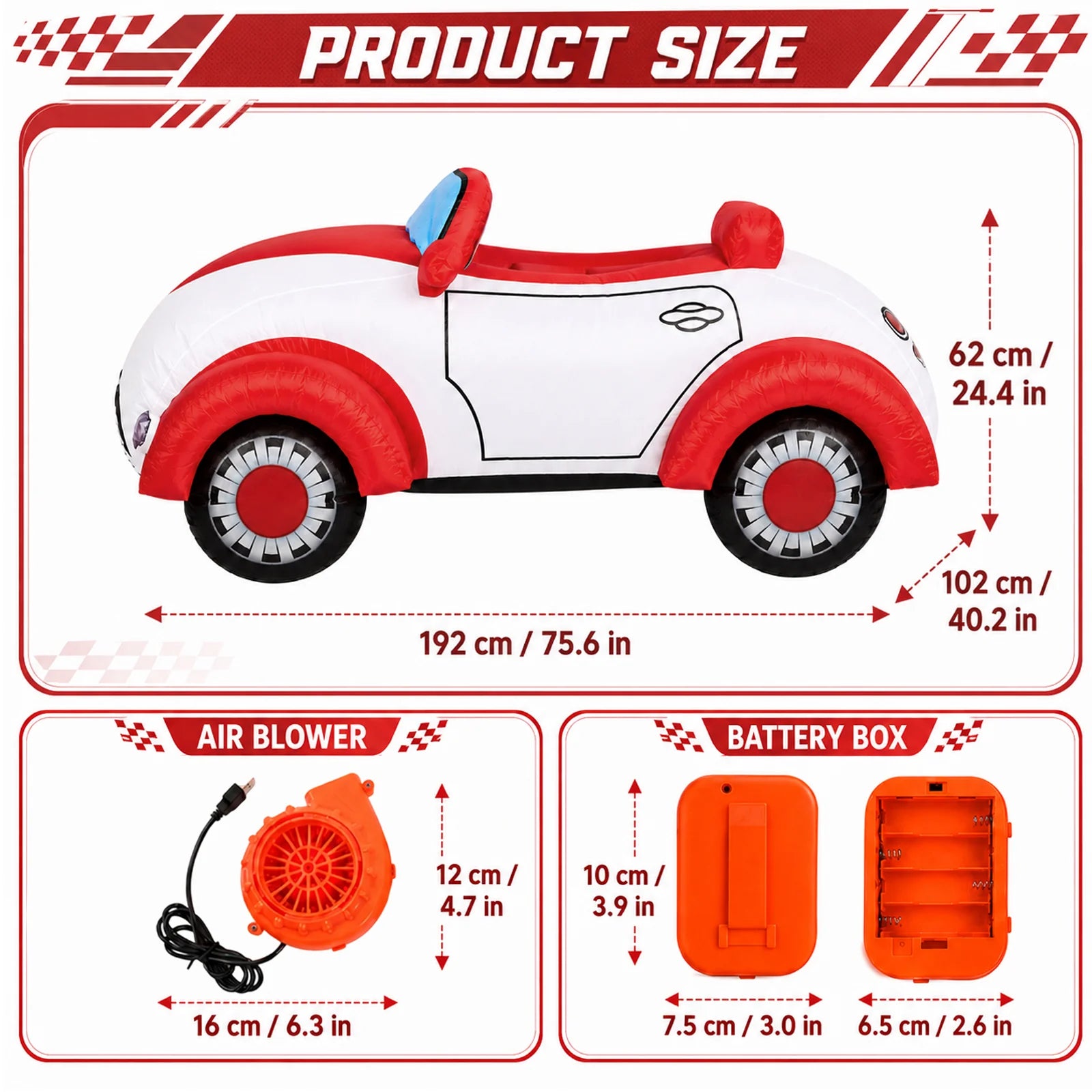Close views highlight the printed tire, external fan, adjustable strap and zipper