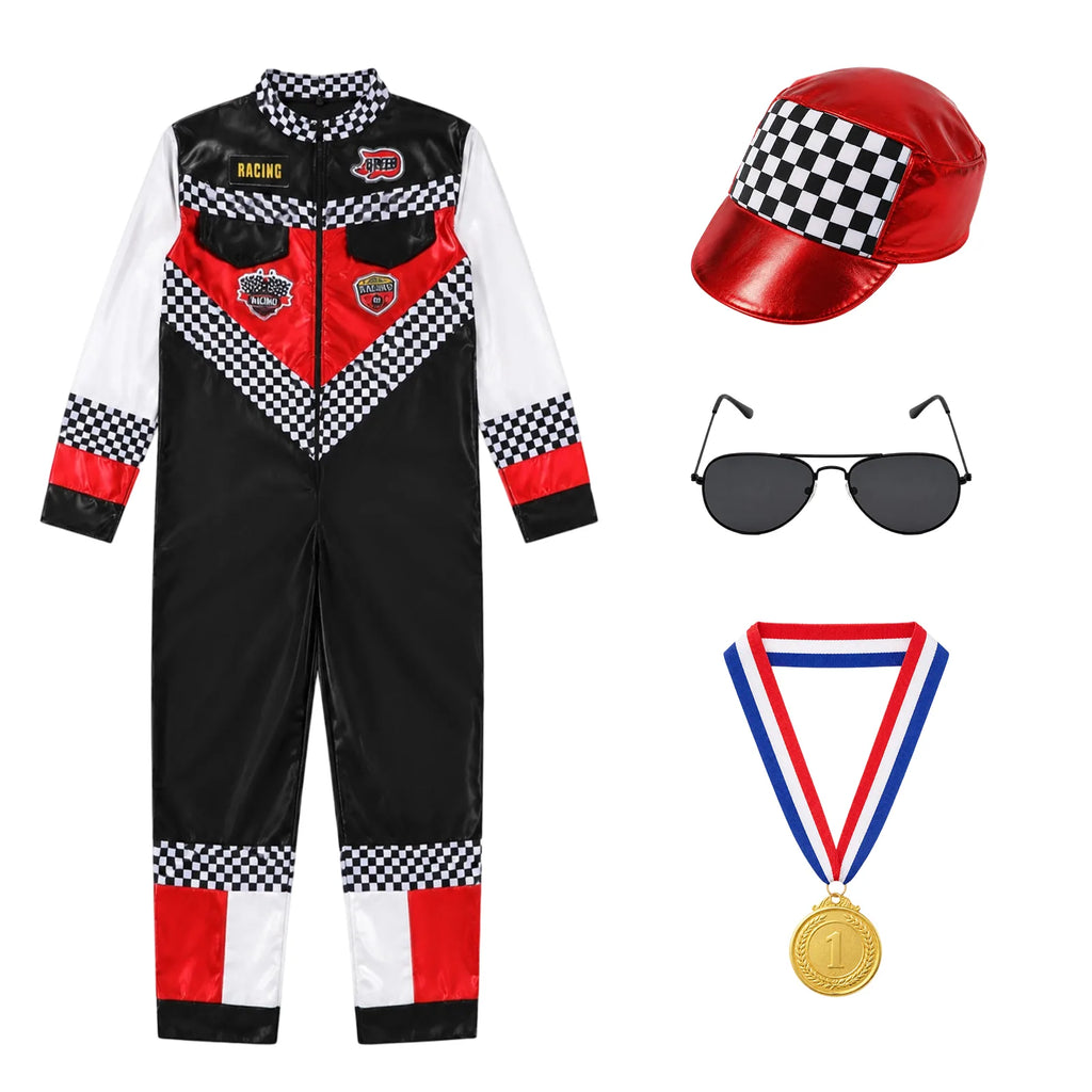 The racing jumpsuit, red checkered cap, sunglasses and ribbon medal are displayed separately.