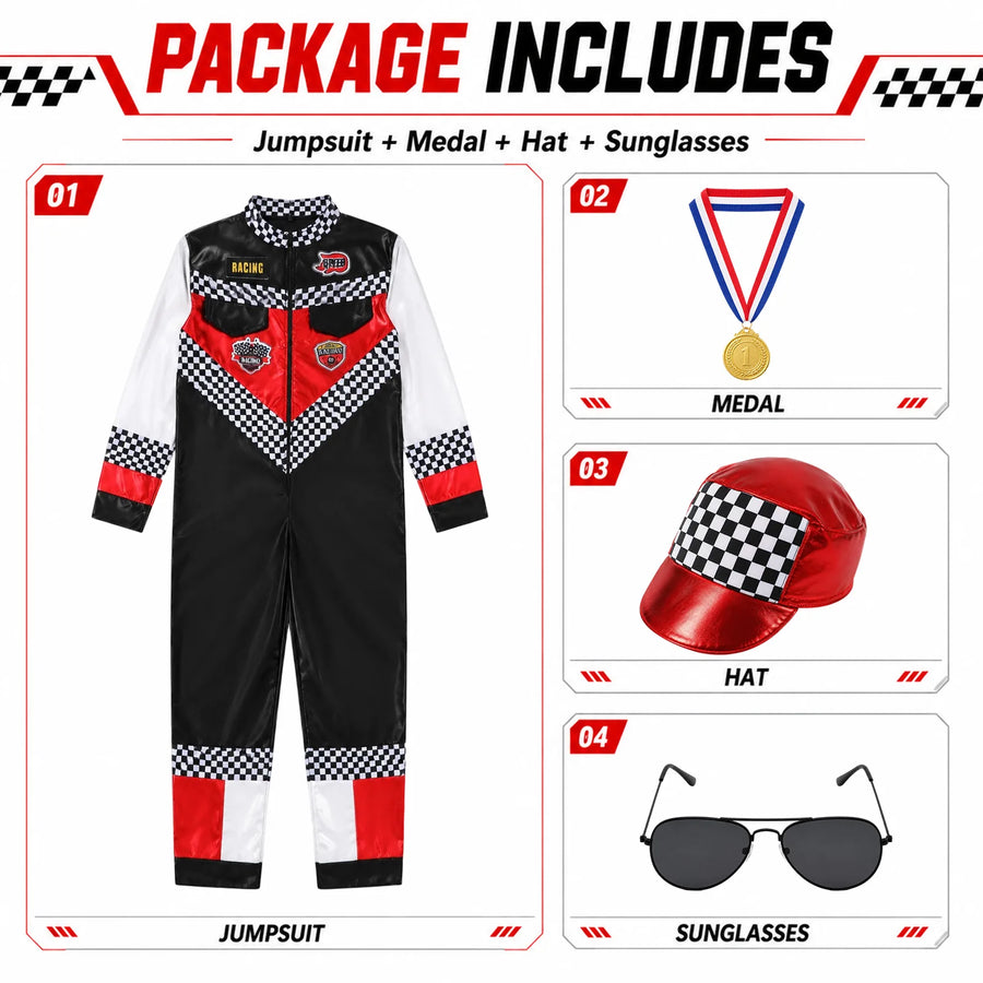 The package graphic separately identifies the jumpsuit, medal, hat and sunglasses.