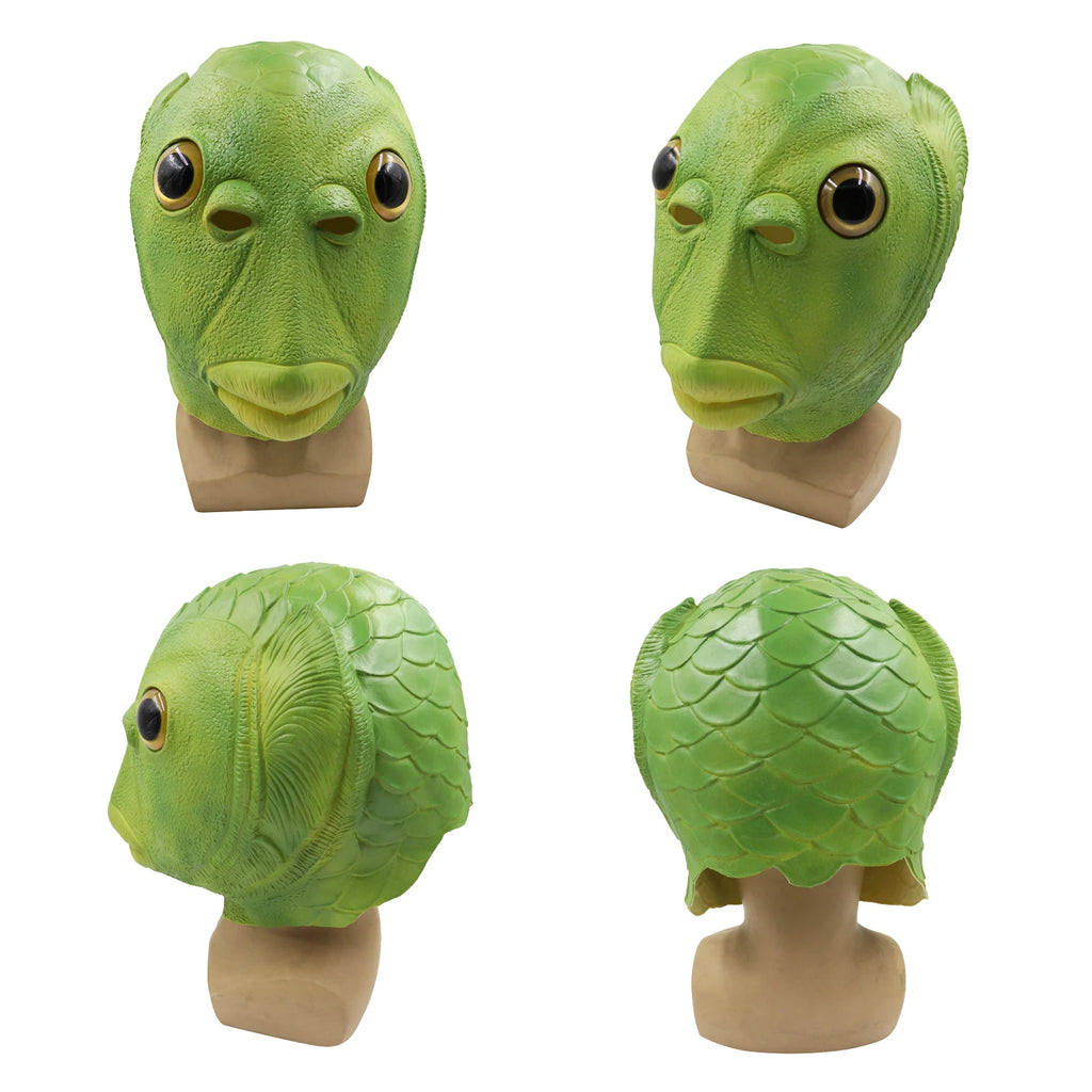 Rear and profile views show the sculpted fish head mask, highlighting the oversized eyes, fish-scale texture and full-head shape.