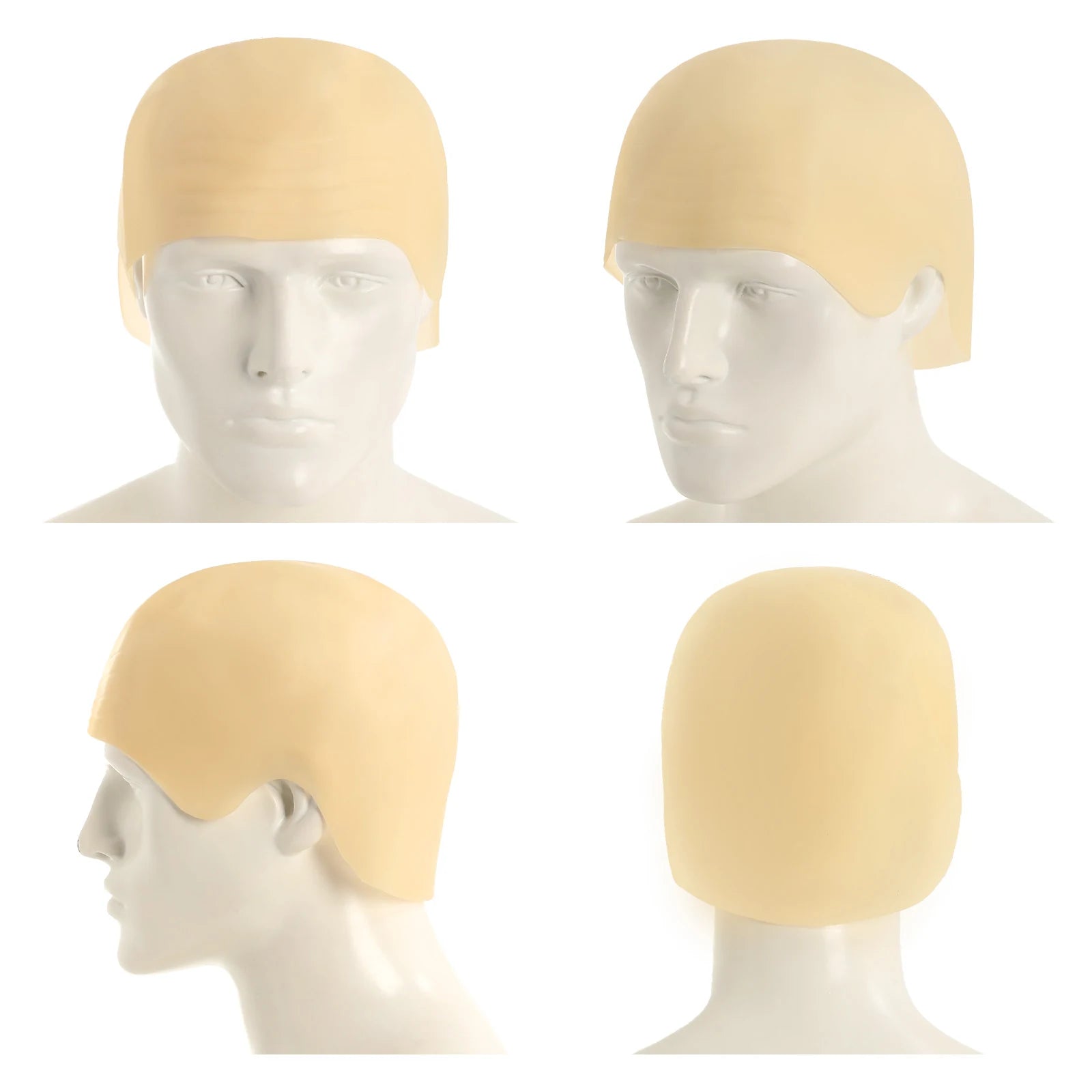 Rear and profile views show the full-coverage bald cap, highlighting the smooth skin-tone surface and close-fitting cap shape.