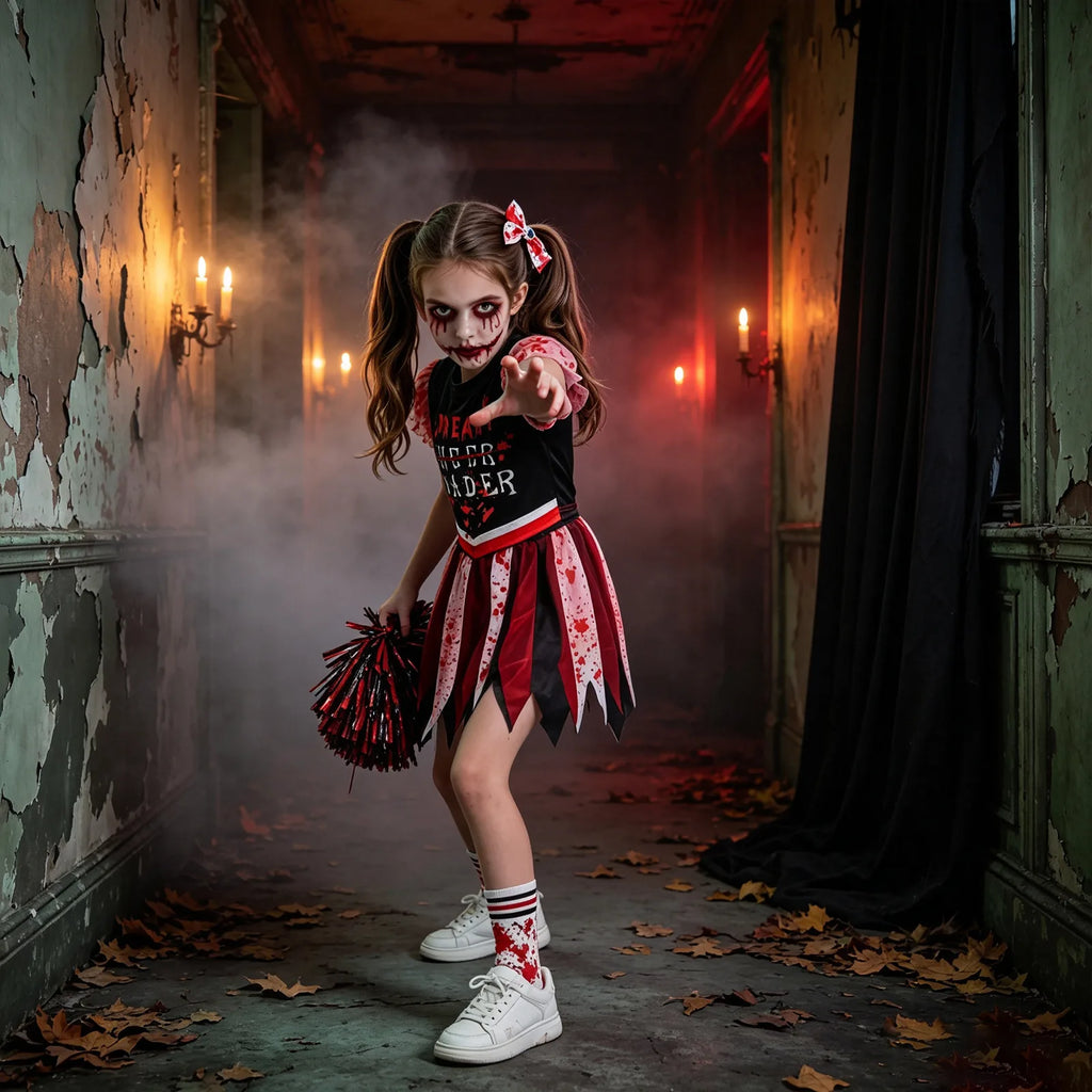 A model reaches forward in a candlelit hallway, showing the ruffled sleeve and layered pointed skirt.