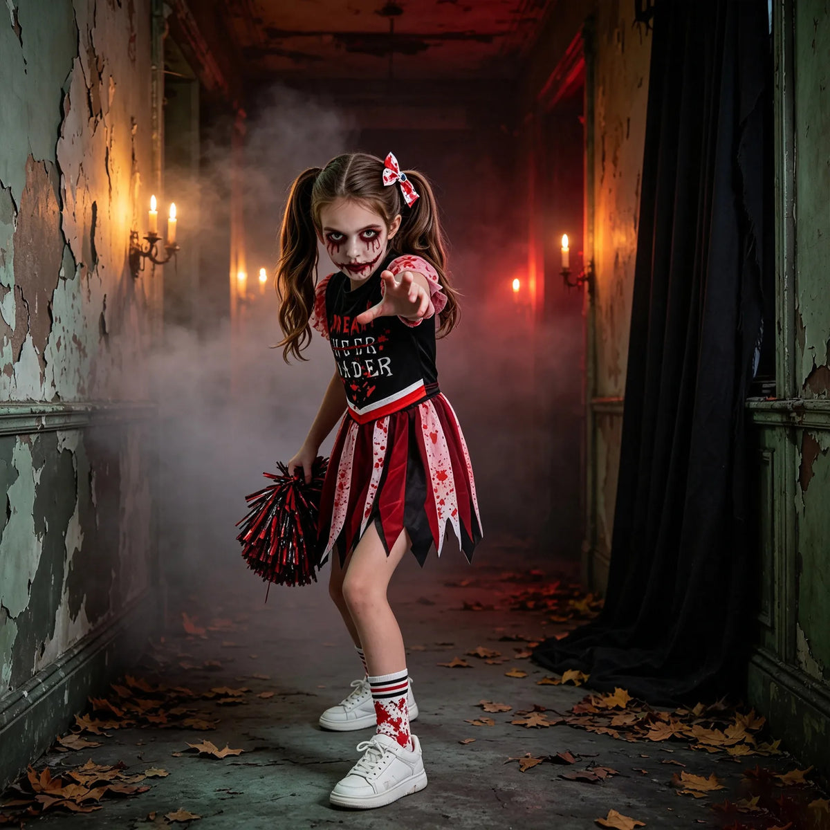 A model reaches forward in a candlelit hallway, showing the ruffled sleeve and layered pointed skirt.