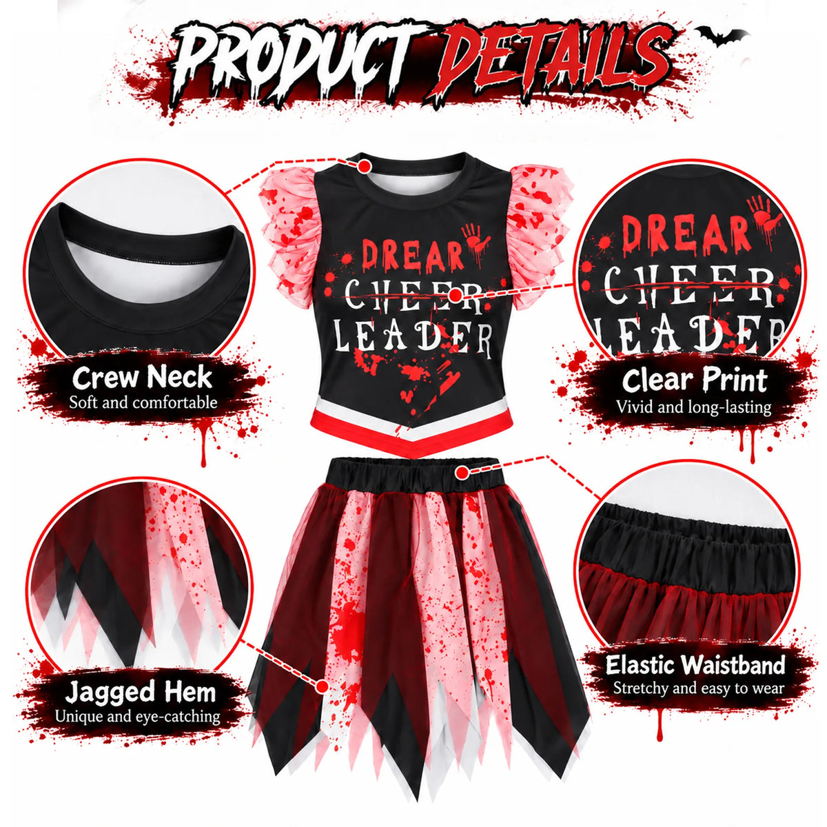 Detail panels show the complete crew neck, crossed-out cheer print, jagged hem and elastic skirt waistband.