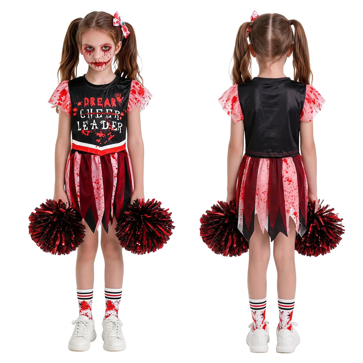 Front and back views show the splatter lettering, plain black back and pale pink ruffled sleeves.