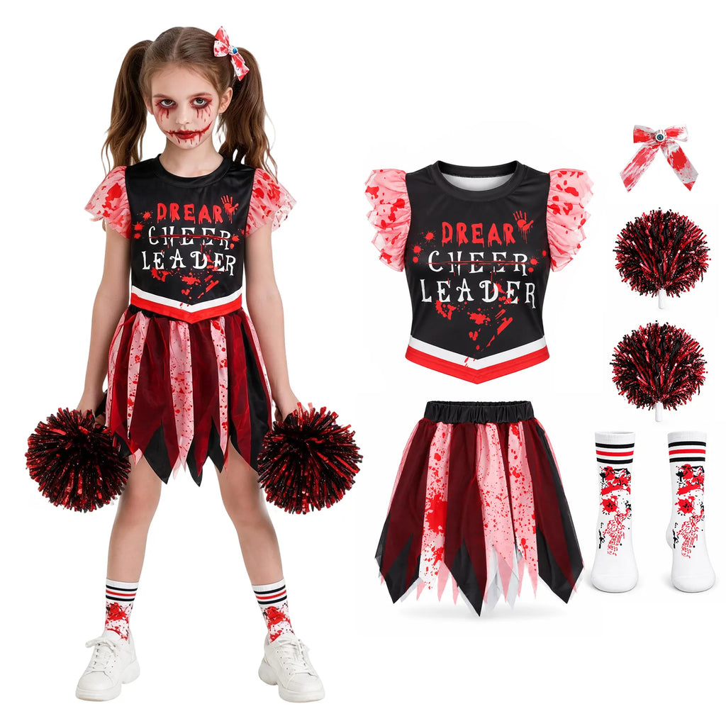 A girl wears the red and black cheerleader costume beside the separate top, skirt, eyeball hair clip, socks and two pom-poms.