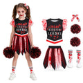 A girl wears the red and black cheerleader costume beside the separate top, skirt, eyeball hair clip, socks and two pom-poms.