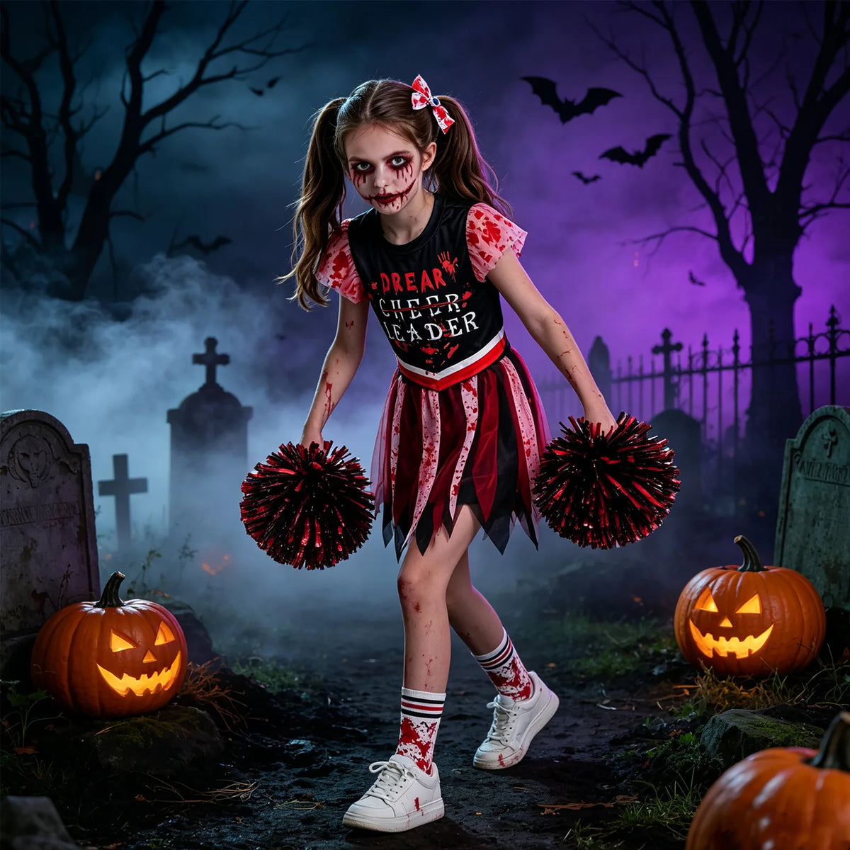 A girl holds both pom-poms in a foggy graveyard scene with pumpkins and bats.