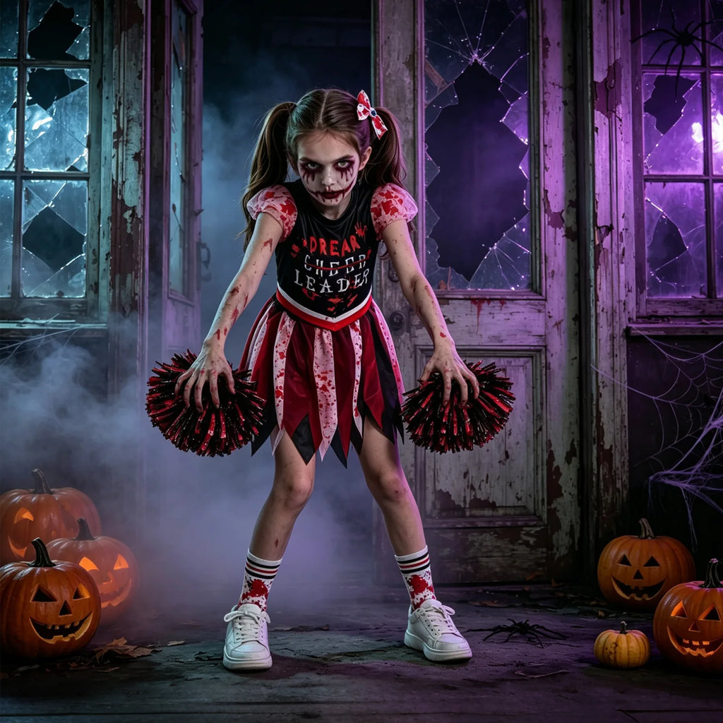 A model leans forward holding both pom-poms in a purple-lit haunted doorway.