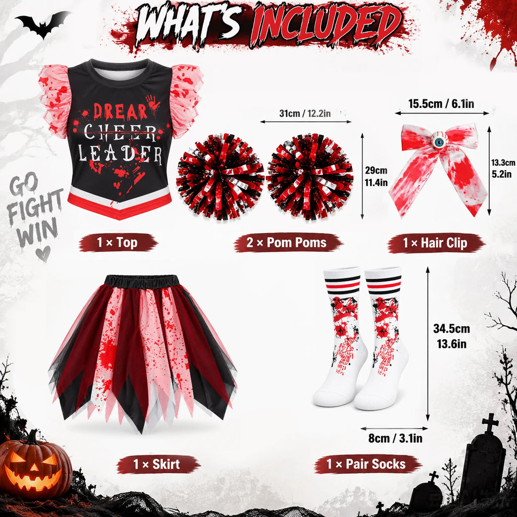 The included-items graphic shows one top, one skirt, one hair clip, a pair of socks and two pom-poms with accessory dimensions.