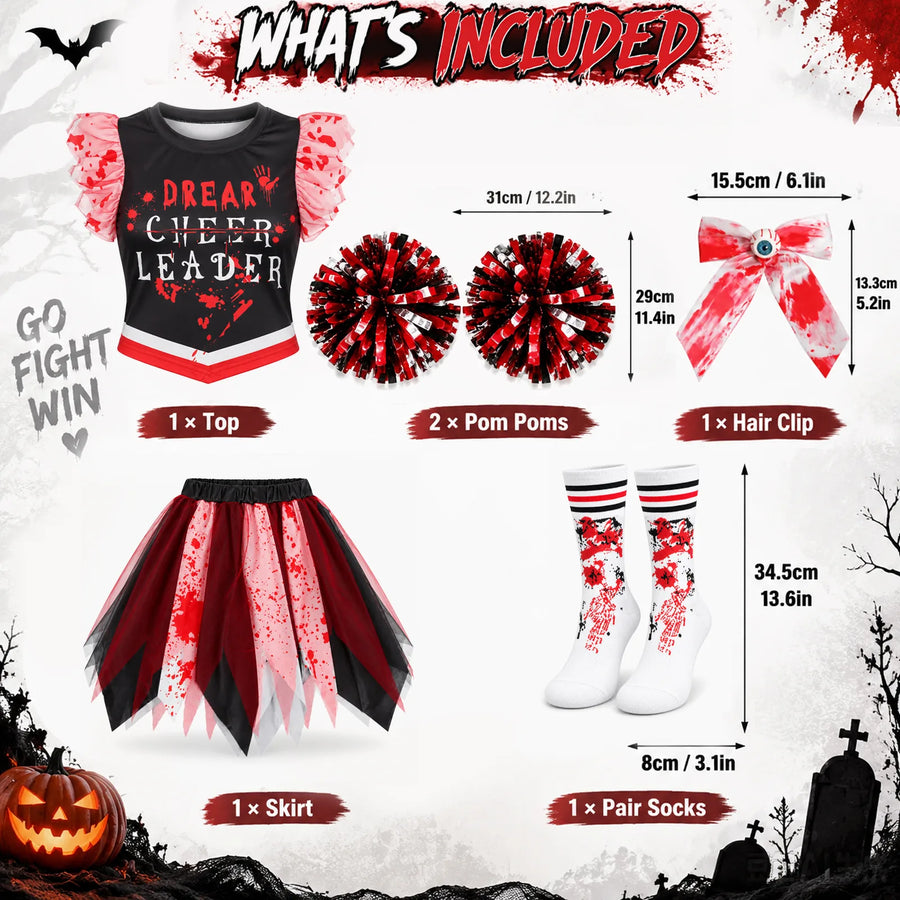 The included-items graphic shows one top, one skirt, one hair clip, a pair of socks and two pom-poms with accessory dimensions.