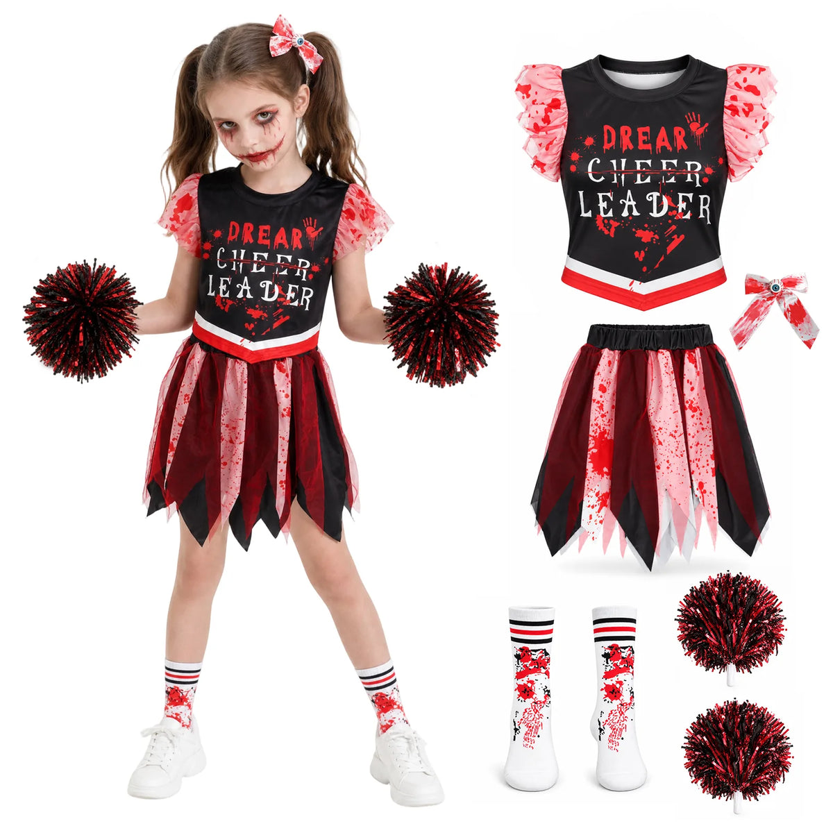 A model holds both red-and-black pom-poms forward, with the costume pieces displayed beside her.
