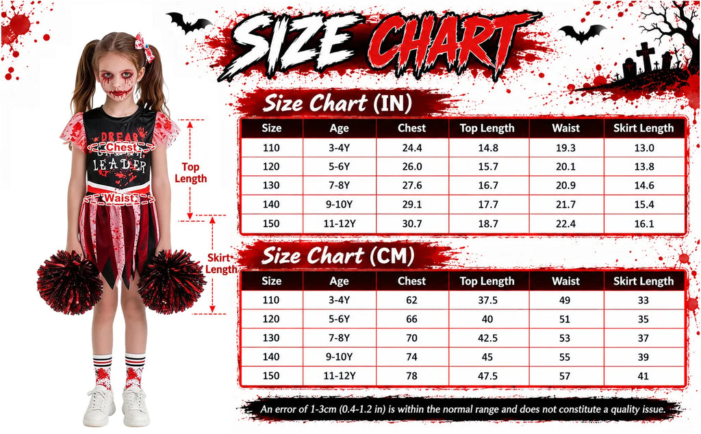 Size chart for sizes 110 to 150 lists chest, top length, waist and skirt length in centimeters and inches.