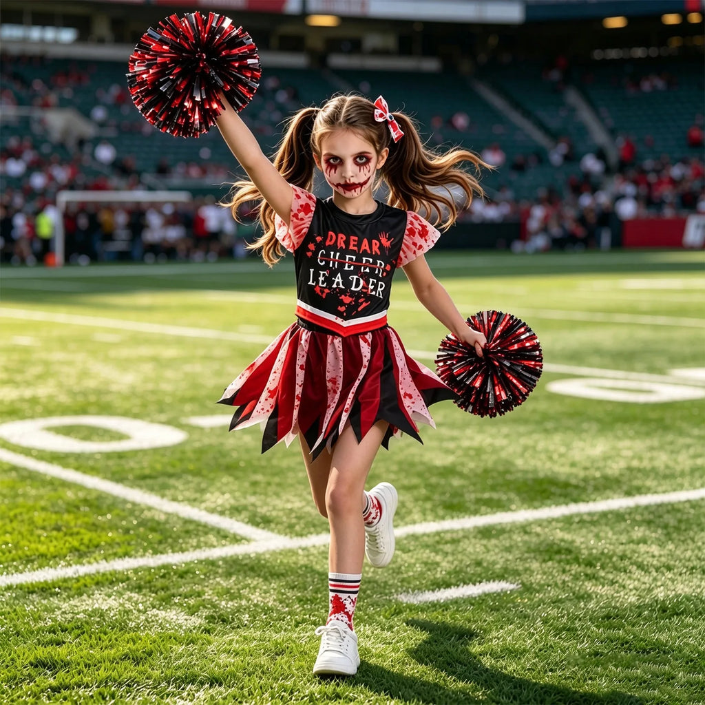 A model poses on a stadium field with one pom-pom raised and the pointed skirt panels visible.
