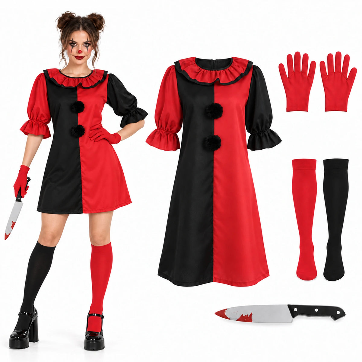 The red and black clown dress costume is shown on a woman beside its gloves, socks and costume knife prop.