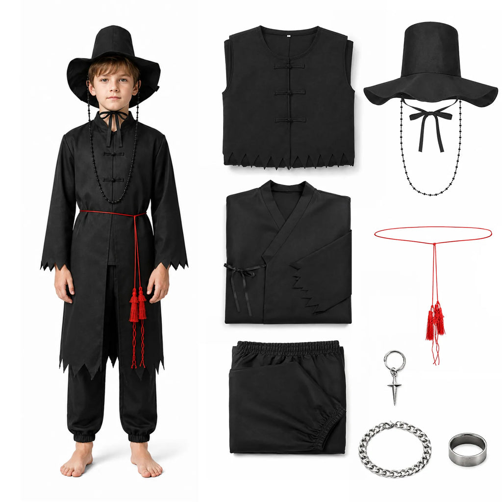 Kids black warrior costume with layered black robes, wide-brim hat and red tassel belt.