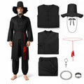Adult black warrior costume with layered black robes, wide-brim hat and red tassel belt.