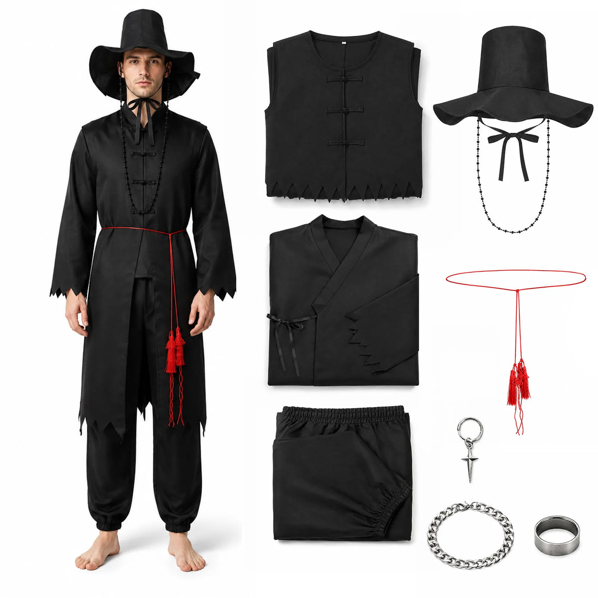 Adult black warrior costume with layered black robes, wide-brim hat and red tassel belt.