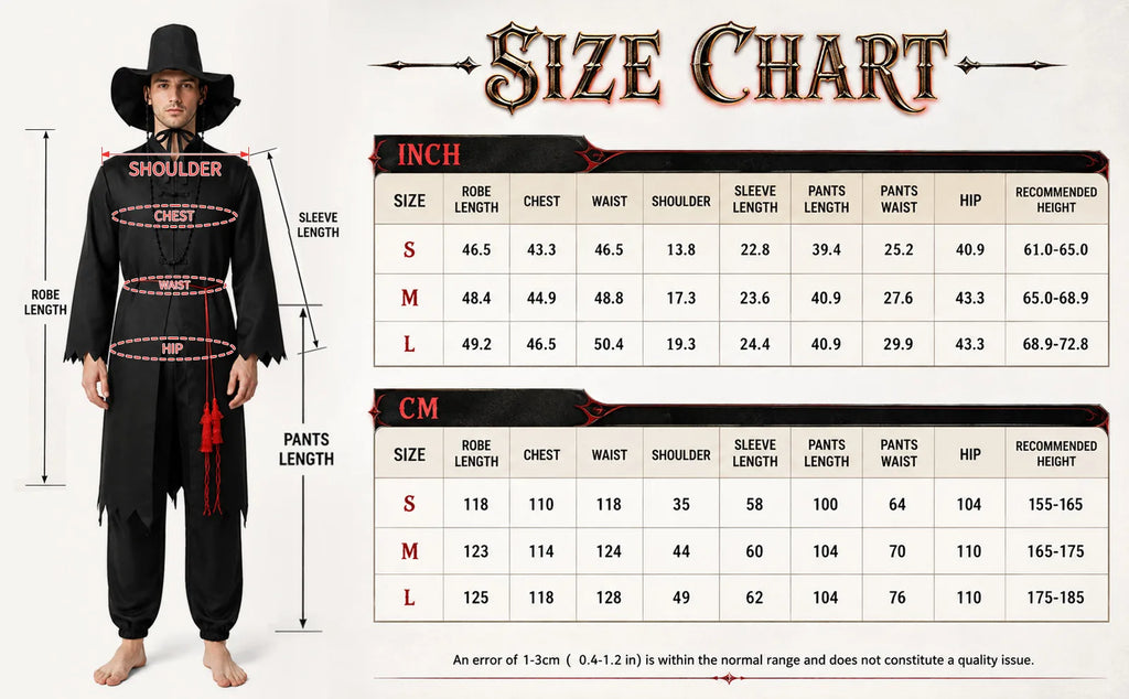 Adult black warrior costume size chart with garment measurements for sizes S, M and L.