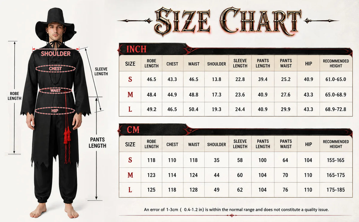 Adult black warrior costume size chart with garment measurements for sizes S, M and L.