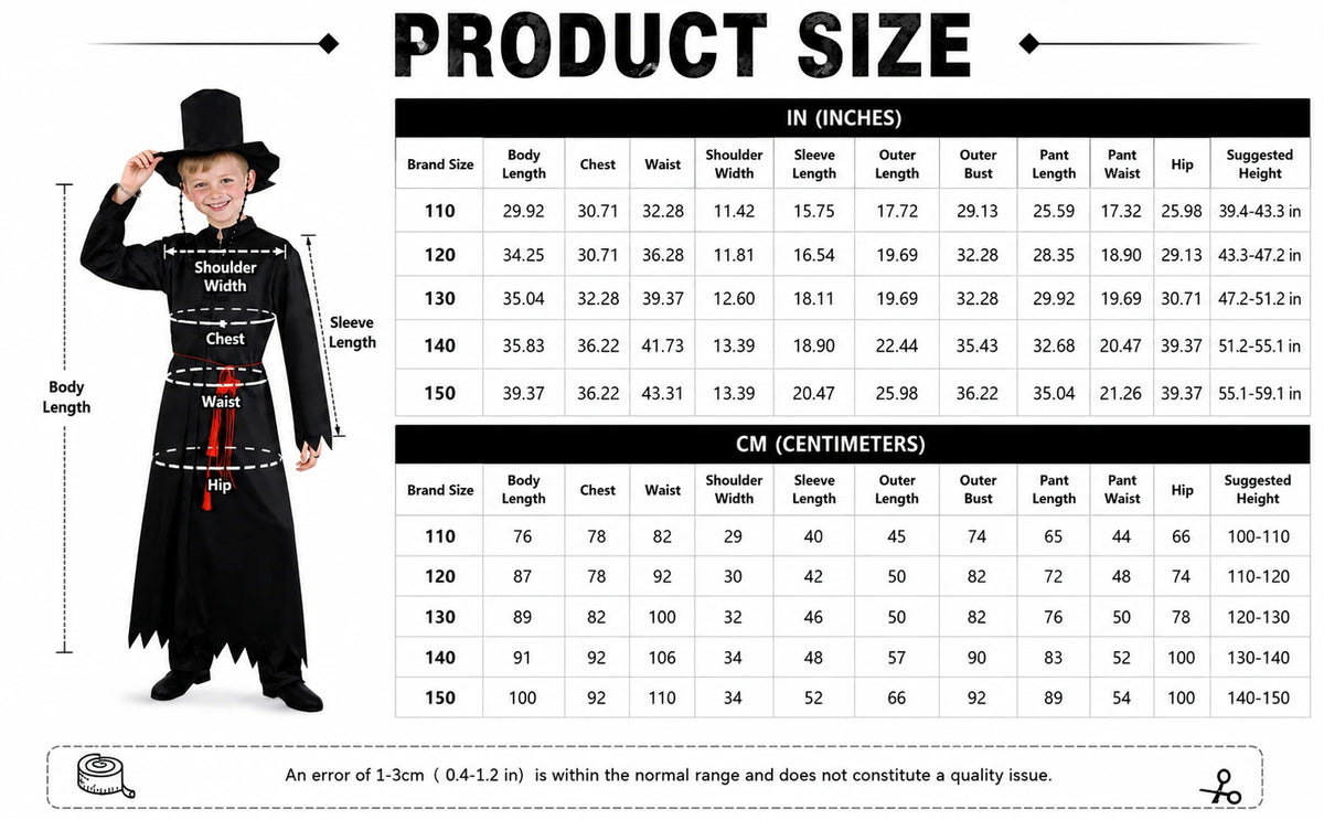 Kids black warrior costume size chart with garment measurements for sizes 110 through 150.