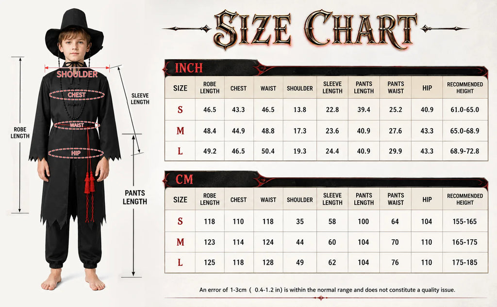 Kids 150 demon hunter costume size chart with garment measurements.
