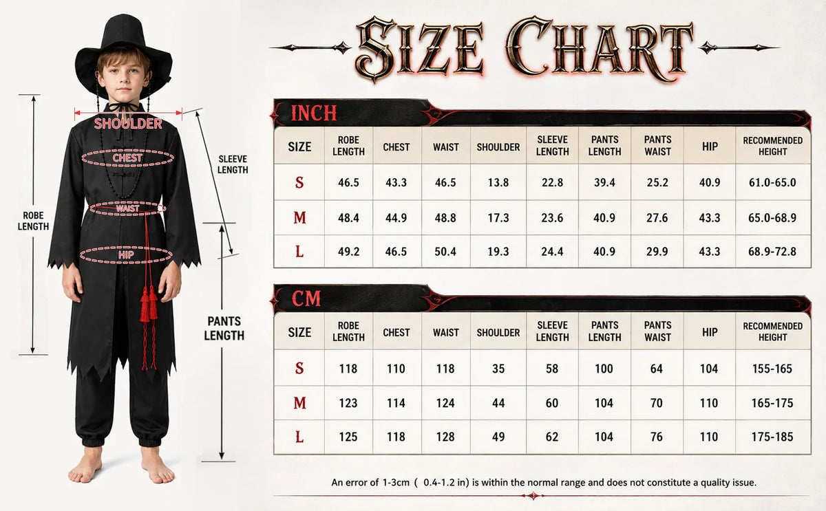 Kids 150 demon hunter costume size chart with garment measurements.