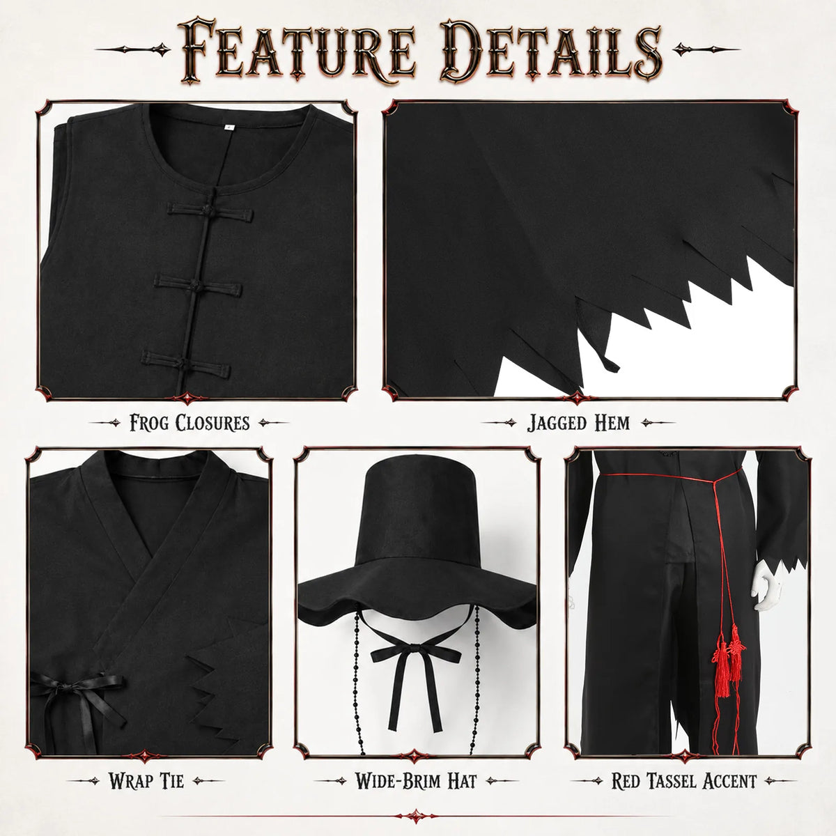 Kids demon hunter costume robe, hat, belt and accessory details.