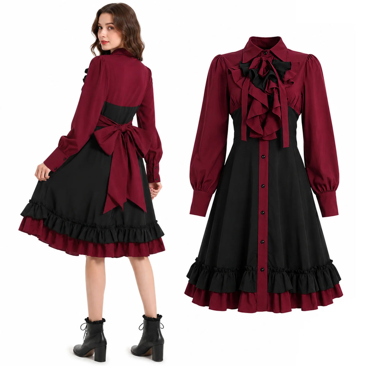 A woman shows the bow-back red and black gothic dress beside its front view.