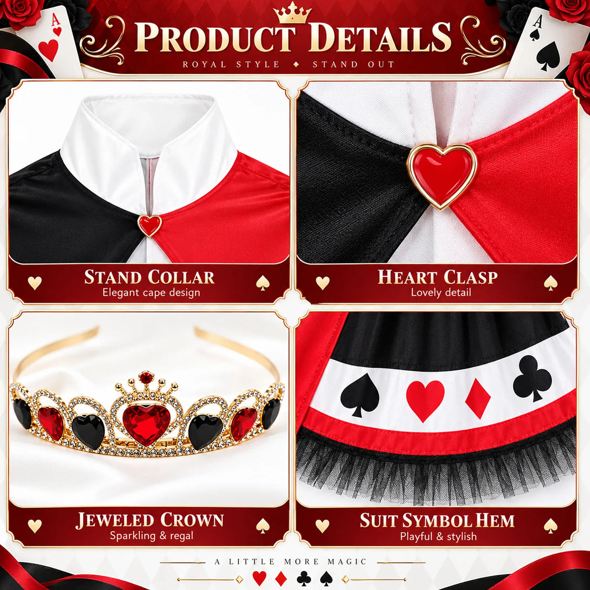 Close-up panels show Queen of Hearts-inspired crown, heart and playing-card details in red, black and white.