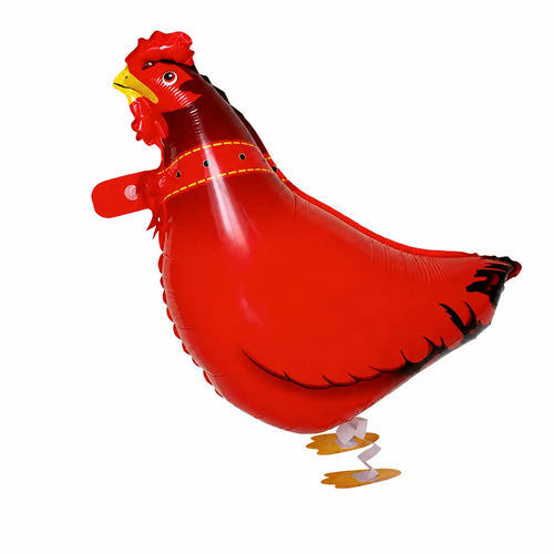 Red chicken walking balloon toy on white background