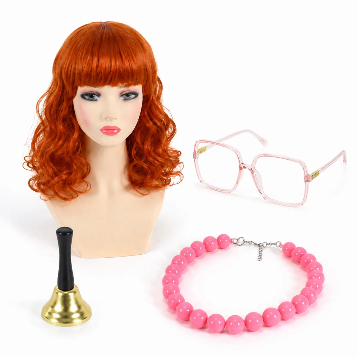 Four-piece costume accessory set with red curly wig, pink glasses, pink bead necklace, and bell.