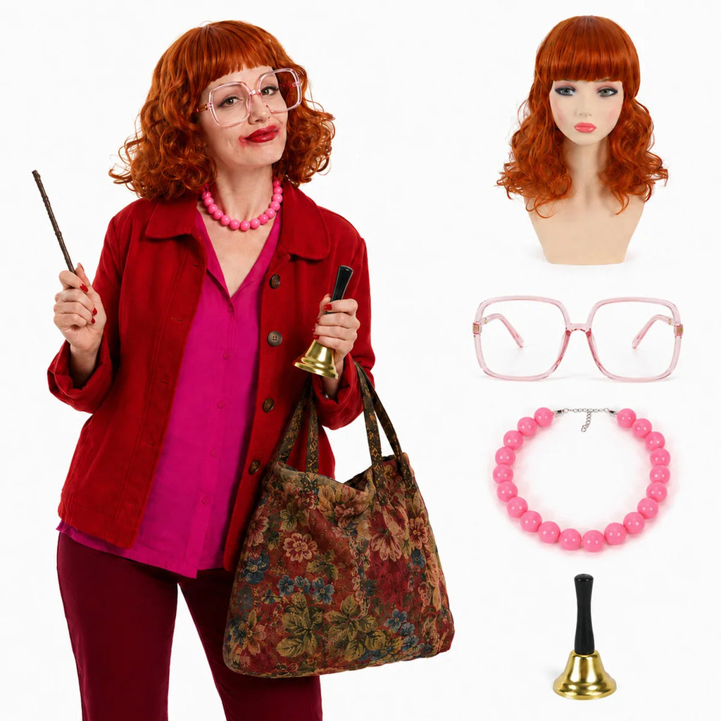 Display shows the red wig, pink glasses, pink necklace, and gold-tone bell.