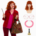 Display shows the red wig, pink glasses, pink necklace, and gold-tone bell.