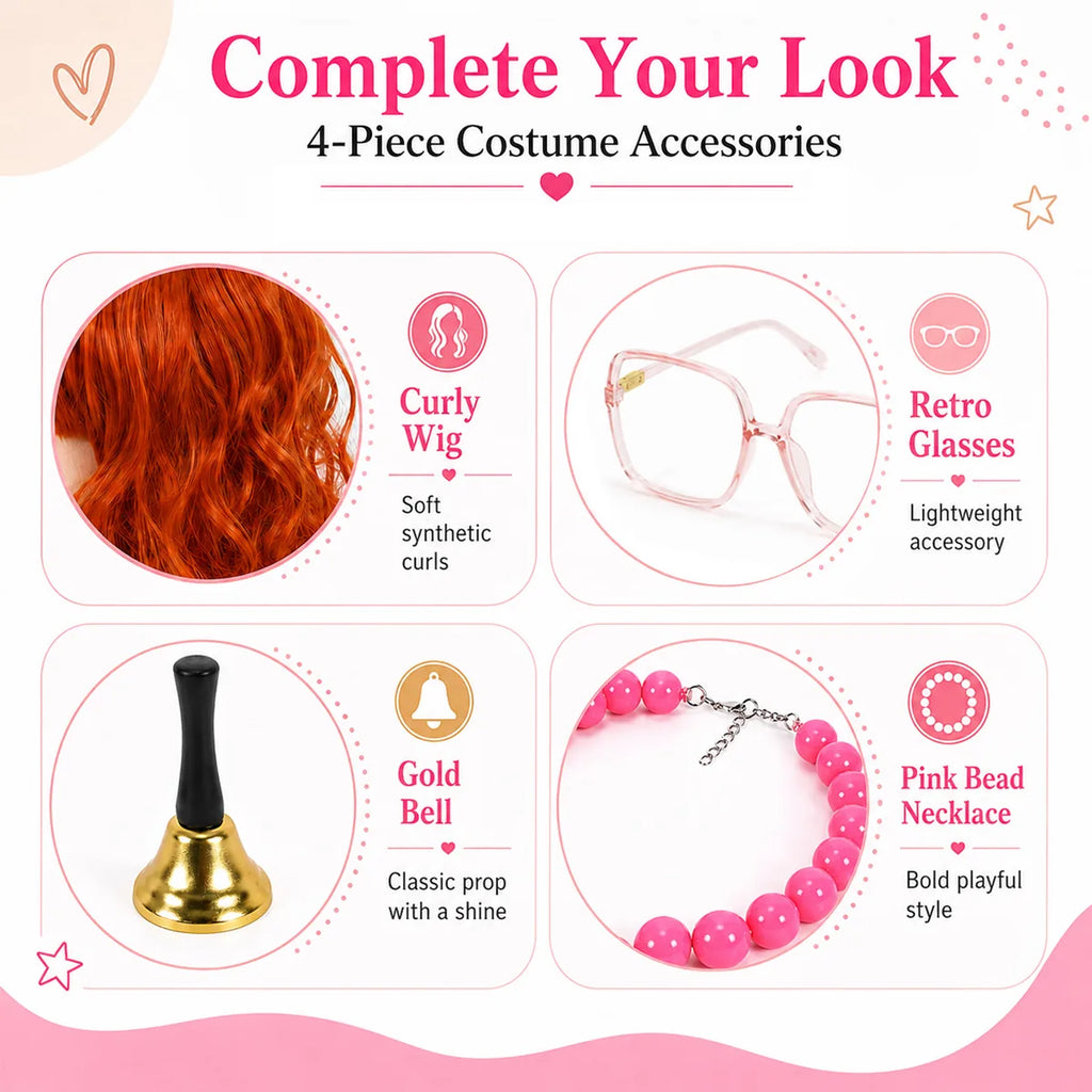 Detail graphic highlights the curly wig, retro glasses, bell, and pink bead necklace.