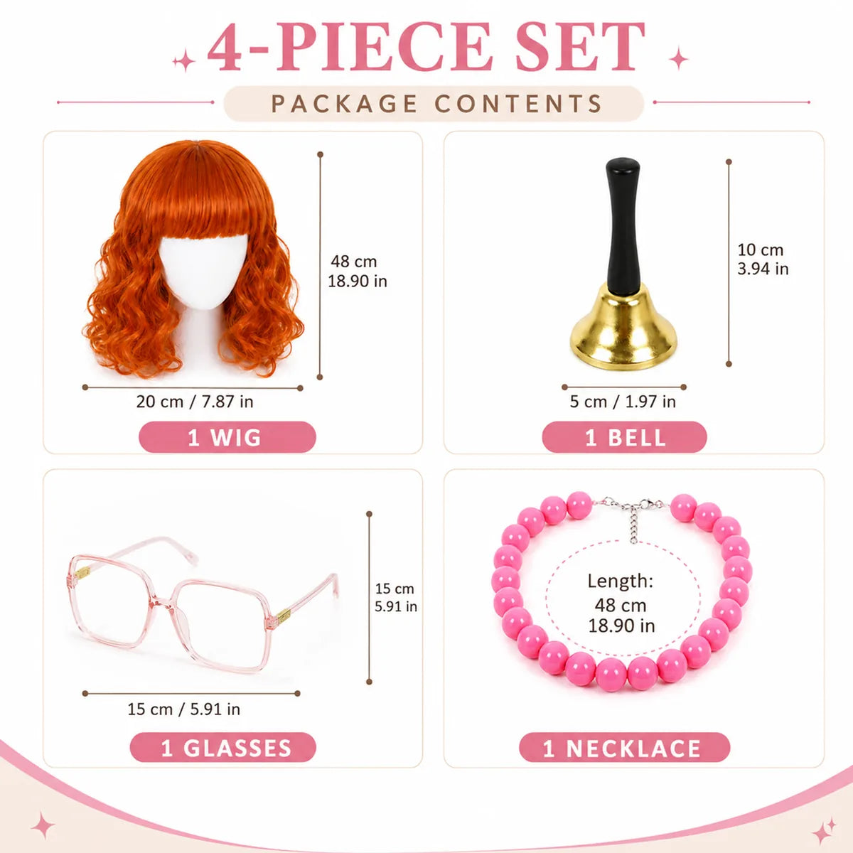 Dimension graphic lists measurements for the wig, bell, glasses, and necklace.