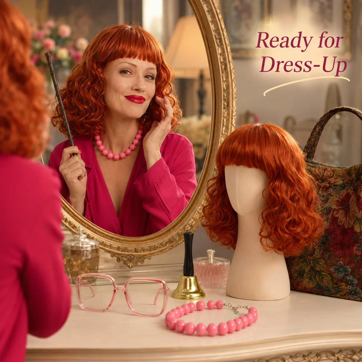 Red curly wig and pink accessory set arranged for dress-up in front of a mirror.