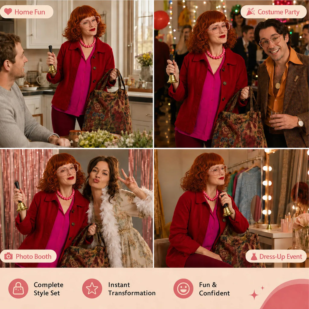The red curly wig and pink costume accessory set is shown at home, a costume party, and a photo booth.