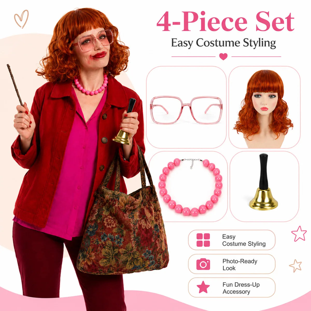 Feature summary shows the red curly wig, pink accessories, and coordinated costume set.