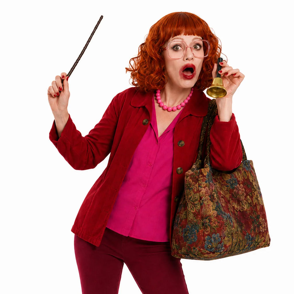 Styled view of the red curly wig and pink costume accessory set, showing all four included pieces worn together.