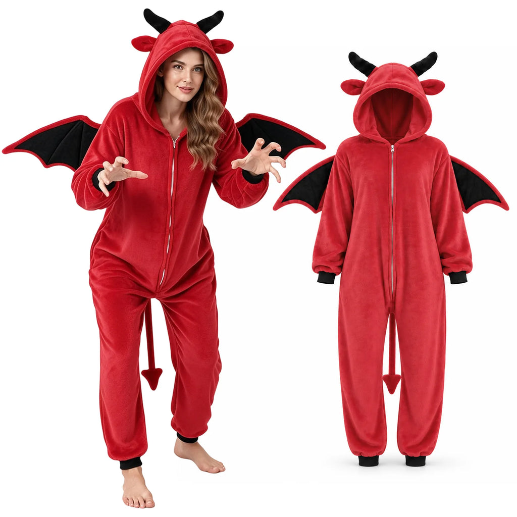 A woman wears the red devil onesie beside a full garment view showing its hood, horns, wings, and tail.