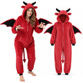 A woman wears the red devil onesie beside a full garment view showing its hood, horns, wings, and tail.