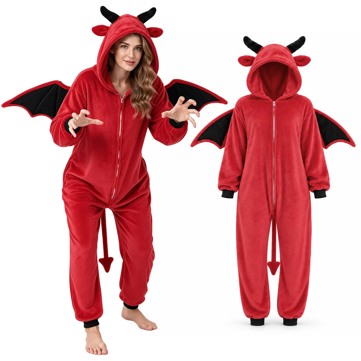 A woman wears the red devil onesie beside a full garment view showing its hood, horns, wings, and tail.