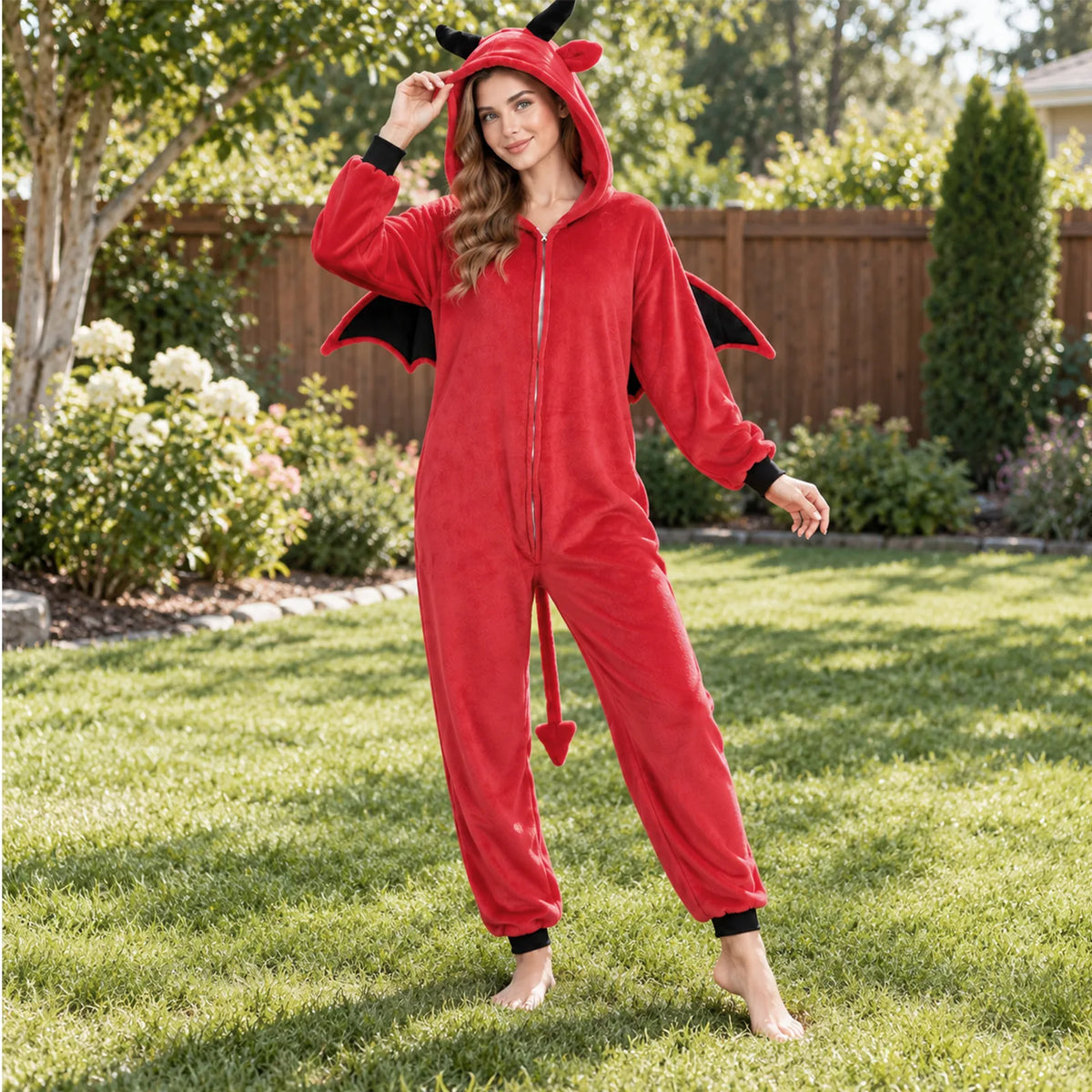 A woman wears the red horned onesie on a garden lawn with its front zipper and tail visible.