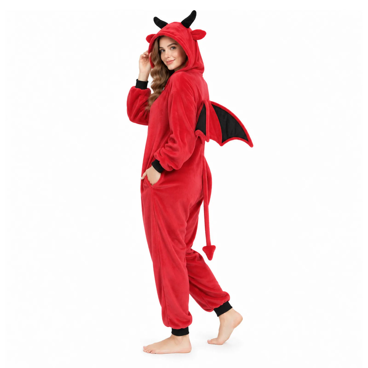 A side view of the red onesie shows a black wing, side pocket, and long pointed tail.