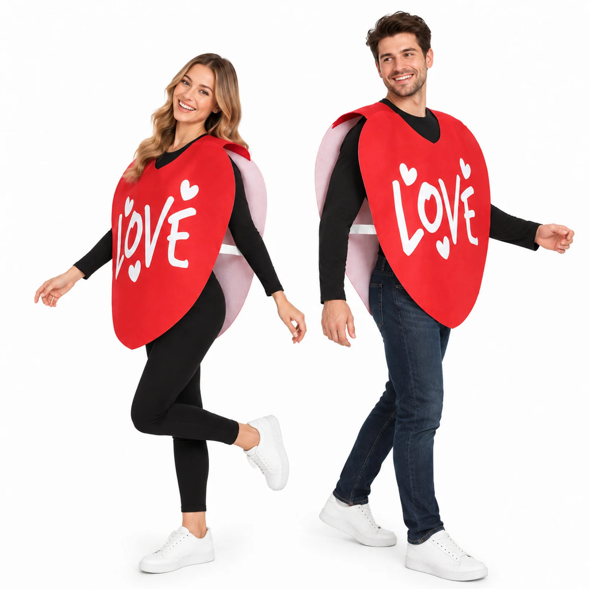 An adult models the red heart costume, showing the LOVE print and shoulder panels from the front.