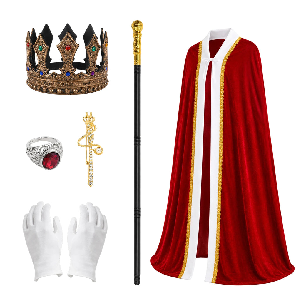 Six separate components show the red cape crown scepter brooch ring and pair of white gloves.