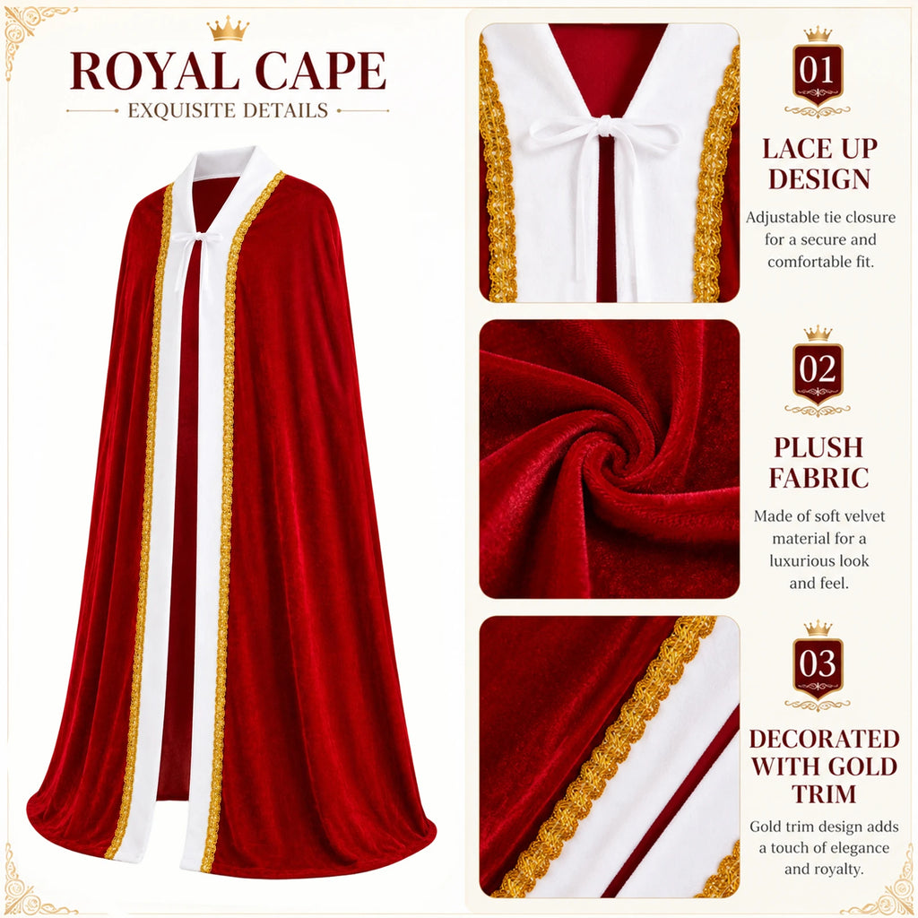 Detail graphic labels the red velvet cape fabric neckline ties and gold colored decorative trim.