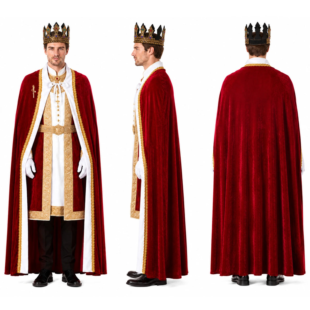 Front side and back views show the red cape white neckline ties and contrasting edging.